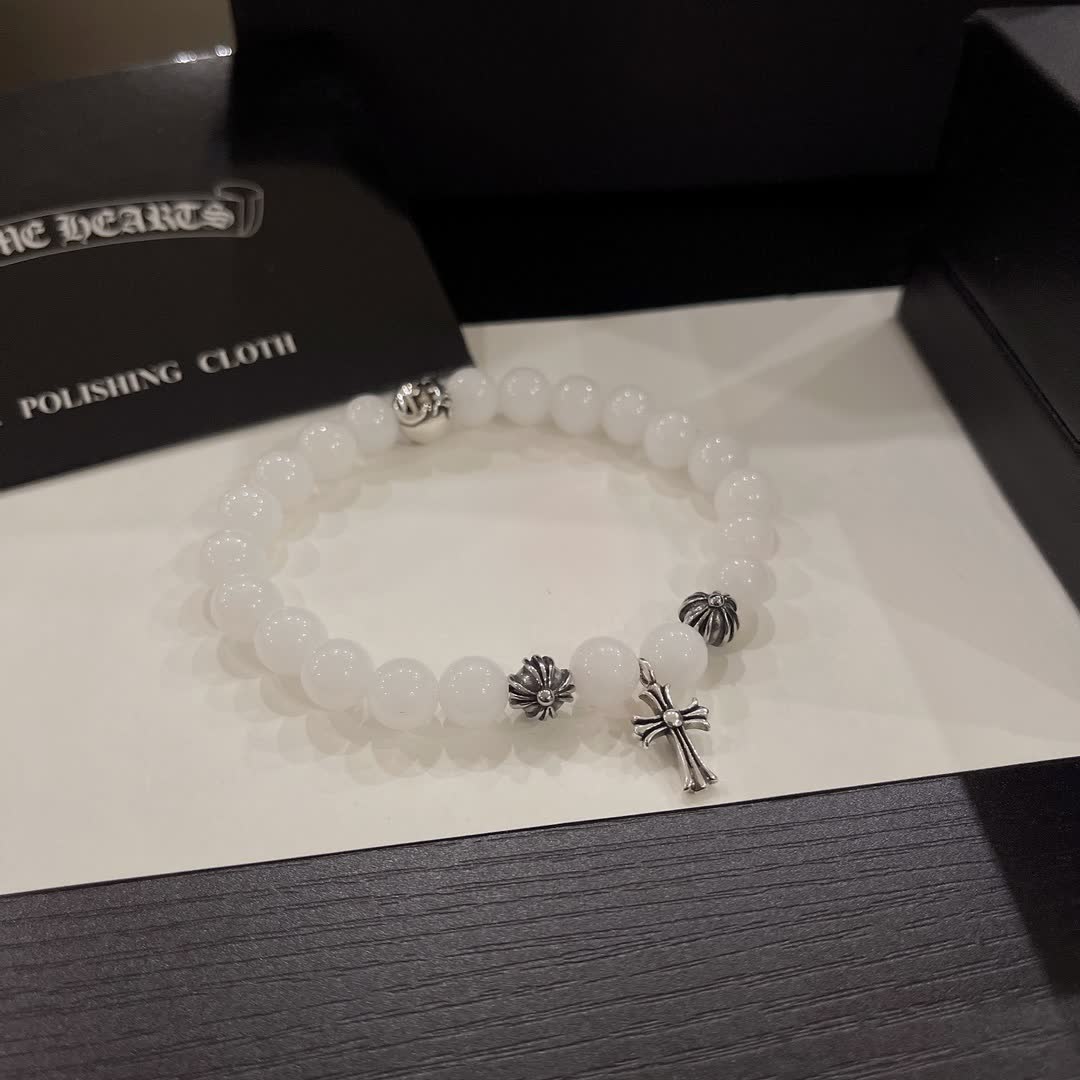 Chrome Hearts White Bead Bracelet with Cross Charm